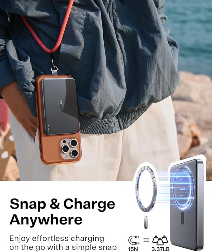 TORRAS MiniMag Power Bank,Ultra-Slim 10,000mAh Magnetic Wireless Portable Charger, 22.5W Fast Charging iPhone Air Magnetic Battery Pack Designed for iPhone 17 Pro Max/17 Pro/Air/16/15/14/13/12, Gray