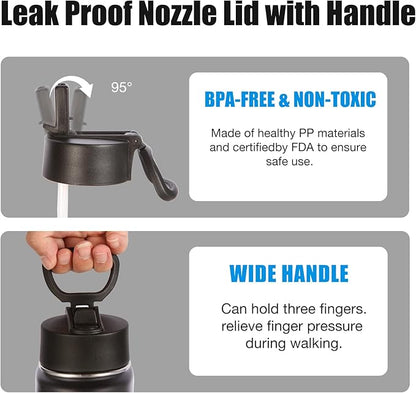 Volhoply 24oz Insulated Water Bottle With Straw Bulk 3 Pack,Metal Wide Mouth Water Bottles With Handle Lid Keep Cold,Reusable Double Wall Cups,Powder Coated Sport Bottle For Holder(Black,3 Count)