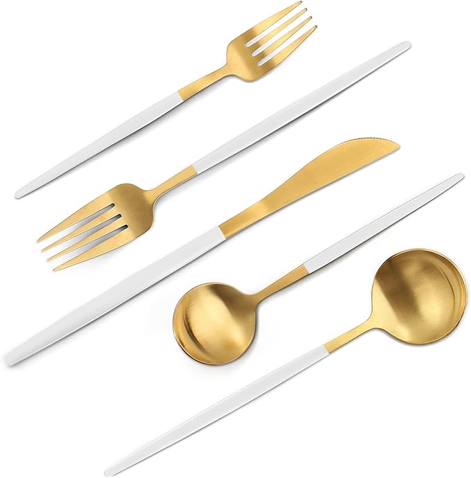 Matte White Gold Silverware Set, 40-Piece Stainless Steel Flatware Set, Satin Finish tableware Cutlery Set, Service for 8, Home and Restaurant, Dishwasher Safe