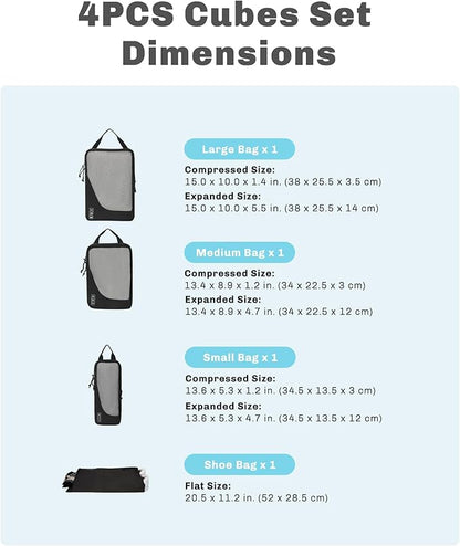 Hynes Eagle 6 Set/ 4 Set/ 2 Set Compression Packing Cubes Travel Essentials Lightweight Nylon Luggage Suitcase Organizer Bag Black 4PCS