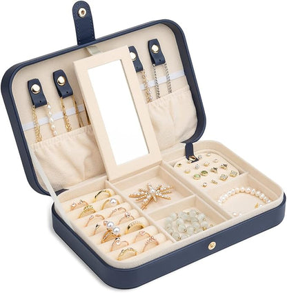 2-Layer Travel Jewelry Box for Women, Portable Jewelry Organizer with Mirror & Removable Dividers, PU Leather Jewelry Case – Gift for Wife, Mom, Girlfriend (Navy Beige)