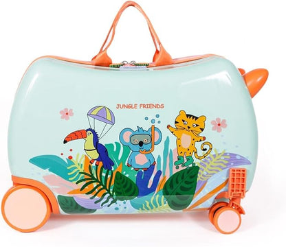 MILK&MOO Rideable Kids Suitcase Jungle Friends, Fun and Safe, Durable, Spacious and Ergonomic Design, 360° Swivel Wheels, for Children Aged 2-6 Years, 21 L, Maximum Riding Weight 50 kg / 110 Lb