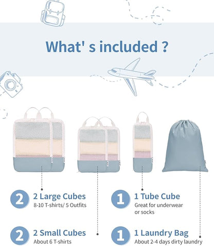 Narwey 6 Set Compression Packing Cubes for Travel Kids Women Carry on, Packing Organizers Bag for Backpack Luggage Suitcase Duffle Bags