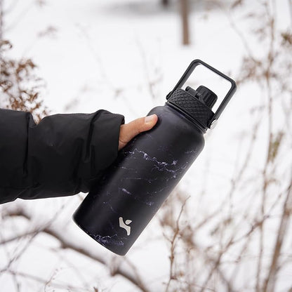 22oz Stainless Steel Bottles with 3 Lids Sport Insulated Water Bottle,Marble Midnight