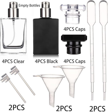 Liquid Perfume Bottles Empty Glass 30ml Portable Square Atomizer Bottle Transparent Refillable for Eau De Toilette - 8 Pack (Clear and Black)