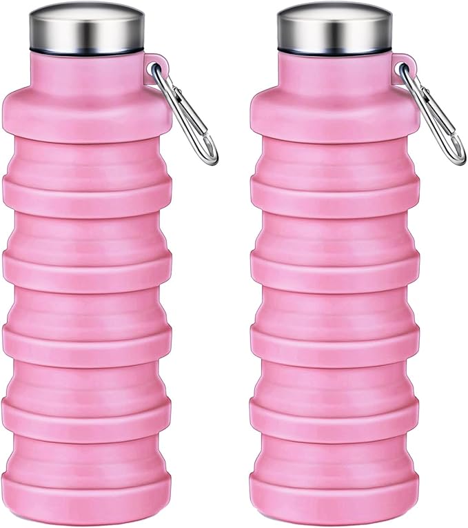 Collapsible Water Bottle,16oz Capacity Portable Reusable Silicone Water Bottle,Leak-proof,with buckle,foldable storage,Lightweight Durable for Fitness,Cycling,Sports,Camping,Hiking (Pink+Pink)