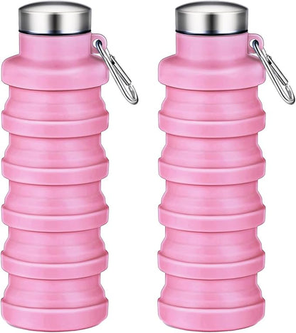 Collapsible Water Bottle,16oz Capacity Portable Reusable Silicone Water Bottle,Leak-proof,with buckle,foldable storage,Lightweight Durable for Fitness,Cycling,Sports,Camping,Hiking (Pink+Pink)