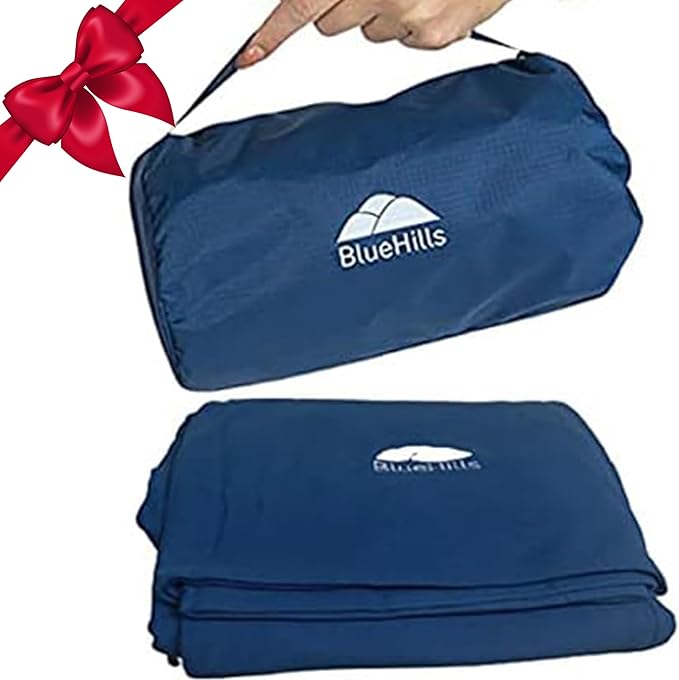 BlueHills Ultra Compact Travel Blanket Pillow in Portable Bag Case with Hand Luggage Belt & Backpack Clip Premium Cozy Soft Compact Pack Large Blanket for Airplane Flight Layover - Navy Blue C001