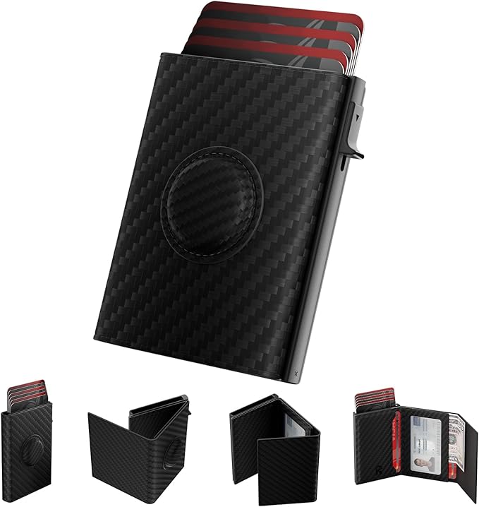 Mens Wallet Card Holder for AirTag: Smart Wallet Compatible with Apple Air Tag, Pop Up Card Case, Top Grain Leather, RFID Blocking, Slim, Minimalist, 9-14 Card Capacity | ID Window | Cash Slot