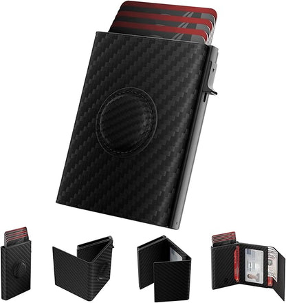 Mens Wallet Card Holder for AirTag: Smart Wallet Compatible with Apple Air Tag, Pop Up Card Case, Top Grain Leather, RFID Blocking, Slim, Minimalist, 9-14 Card Capacity | ID Window | Cash Slot