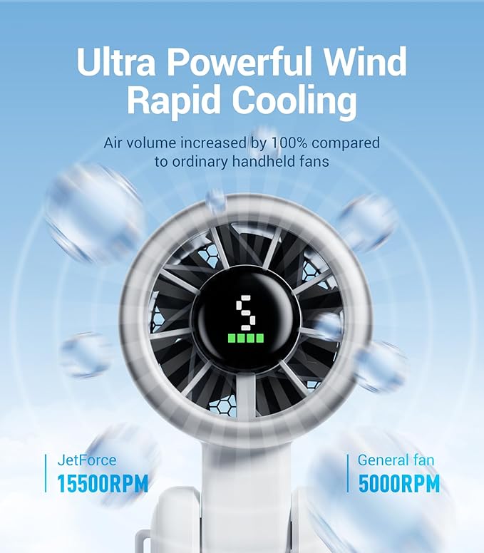 Diveblues Portable Handheld Turbo Fan, 5 Gear Wind, Battery Operated, Up to 12 Working Hours, 3 IN 1 Hand Fan with Air Turbo Tech Cooling Fan for Outdoor Activities, Travel, Working, Silvery white