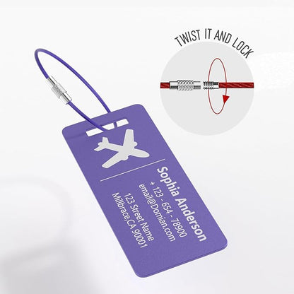 4 Personalized Metal Luggage Tags, Laser Engrave Name and Logo, Custom Aluminum Suitcase Tags with Steel Ring, for Travel, Backpack, Baggage (Purple)