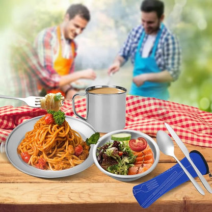 Stainless Steel Camping Cutlery Set - 8 Piece, Includes Spoons, Mugs, Bowls, Plates, Rags & Organizer Straps - Easy to Carry for Backpacking, Camping, Hiking and Picnics