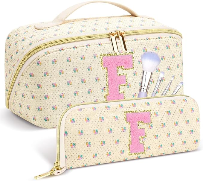 Personalized Travel Makeup Bag Set,Initial Travel Cute Floral Makeup Organizer Bag,Toiletry Skincare Cosmetic Bag,Christmas Gifts for Women/Girls,Open Flat Toiletry Pouch with Brush Pocket-F