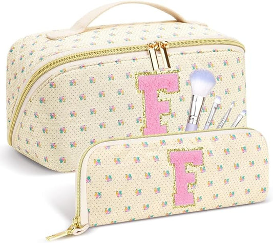 Personalized Travel Makeup Bag Set,Initial Travel Cute Floral Makeup Organizer Bag,Toiletry Skincare Cosmetic Bag,Christmas Gifts for Women/Girls,Open Flat Toiletry Pouch with Brush Pocket-F