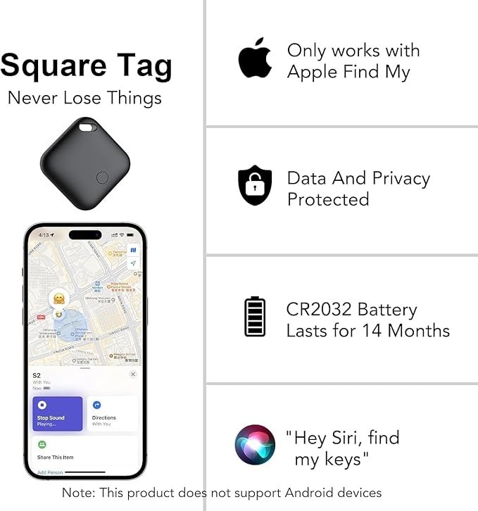 Air Tracker Tags-4 Pack, Smart Bluetooth Tracker Tag, Item Finder Works with Apple Find My (iOS Only) App, Keys Finder and Item Locator for Luggage, Backpack, Suitcases, Replaceable Battery