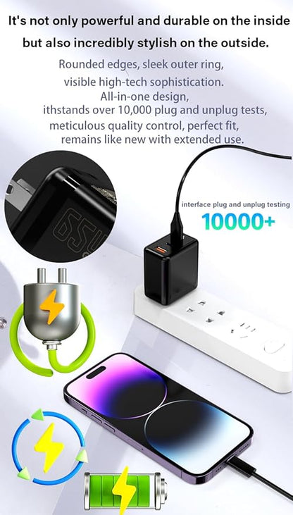 USB C Charger 65W, 3 Ports GaN Fast Charger Block, Compact Foldable Wall Charger with USB-C Cable for iPhone 16 Pro Max, iPad, MacBook Pro/Air,Galaxy S24,Dell XPS 13,Pixel 8 and More (White)