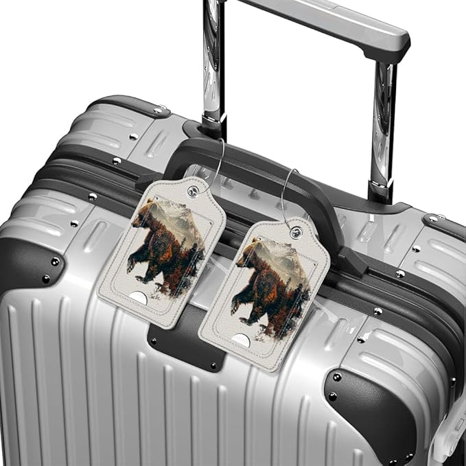 Funny PU Leather Luggage Tags 2-Pack Autumn Forest Bear Cute Pattern Suitable for Suitcase Stainless Steel Loop and Address Card Essential for Cruise and Airport Travel for Men and Women