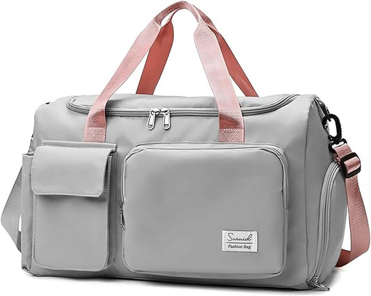 Travel Duffel Bag with Shoes Compartment Sports Gym Bag with Dry Wet Separated Pocket for Men and Women, Overnight Bag Weekender Bag Training Handbag Yoga Bag - Gray Pink