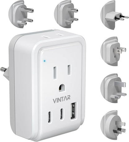 Universal Travel Adapter Kit, VINTAR International Plug Adapter with 3 USB Ports(2 USB C, 3.4A) and 2 American Outlets, Type A,C,G,D,I,M Detachable Attachments, Adapter for US/EU/UK/India/AUS/Africa