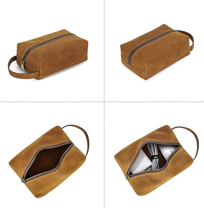 Electronic Organizer Zipper Bag, Top Grain Leather, Handmade Vintage Design, Portable Travel Electronic Accessories Storage Cases for Phone, USB Cables, Chargers, Hard Drive, Daily Cosmetics