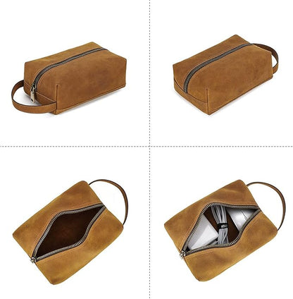 Electronic Organizer Zipper Bag, Top Grain Leather, Handmade Vintage Design, Portable Travel Electronic Accessories Storage Cases for Phone, USB Cables, Chargers, Hard Drive, Daily Cosmetics