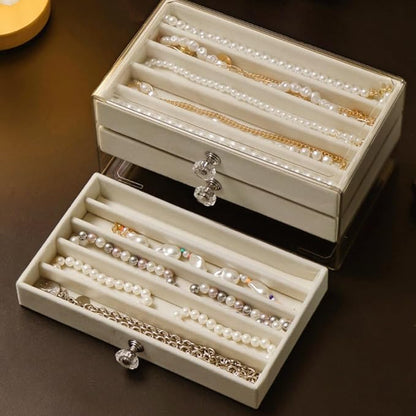 SPAKOWN Necklace Organizer Box, Velvet Necklace Box Holder Tray with Clear Lid Chains Showcase Stackable Necklace Storage for Pendant Bracelet (3 Drawers - Beige)