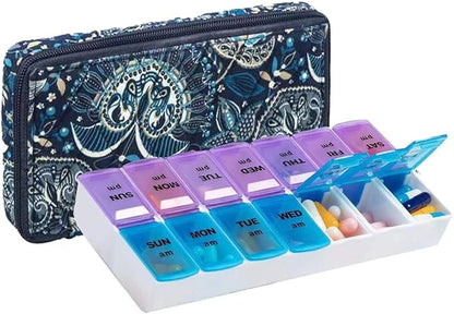 Weekly Pill Organizer 2 Times a Day, Zumd Pill Box 7 Day with Cute Quilted Fabric Zipper Case, Travel Pill Case Am Pm for Vitamin Medicine Organizer