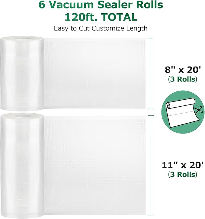 FRESKO Vacuum Sealer Bags Food Rolls 6 Packs - 8" x 20' & 11" x 20', Commercial Grade Seal a Meal Bags for Storage Food and Sous Vide, BPA Free, Customized Size for Vacuum Sealer