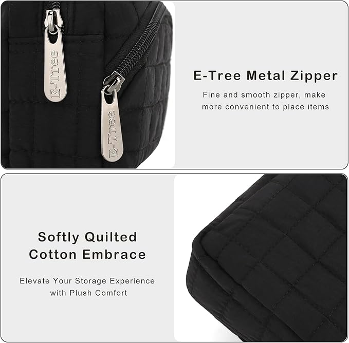 E-Tree Makeup Bag, Quilted Cosmetic Bag for Women, Puffer Make up Pouch for Purse,Travel Toiletry Organizer Case Black
