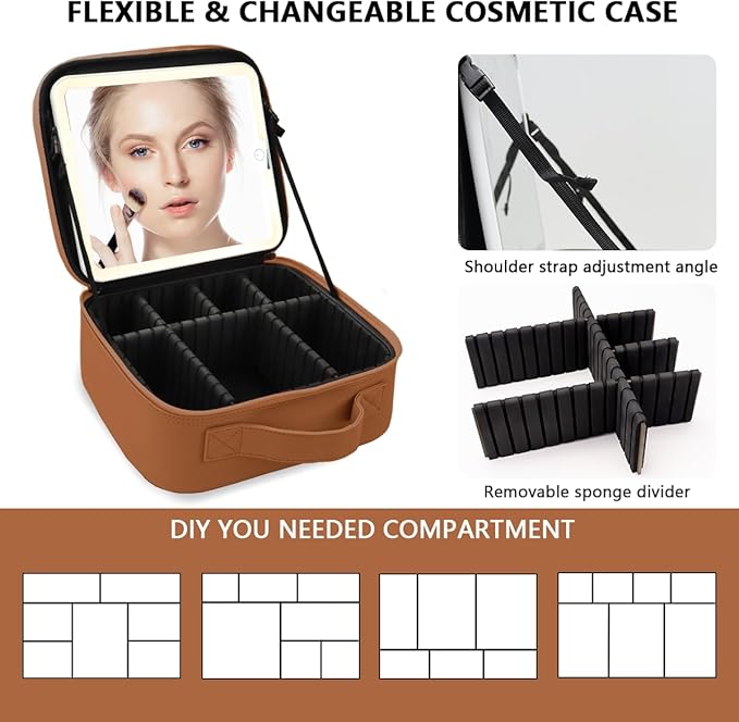 Travel Makeup Bag for Women and Makeup Artists Cosmetic Organizer Large Makeup Case,Travel Makeup Bag with Mirror 3 Color Setting,Portable Storage and Adjustable Dividers(CARAMEL COLOR)