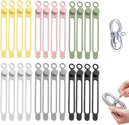 Data Cable Organizer, 2025 New Elastic Silicone Cable Straps Cord Organizer, Reusable Cable Ties Wire Organizer for Bundling and Fastening Earphone, Phone Charger (24 Pcs)
