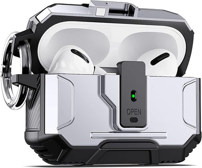 DASFOND Armor Earphone Cover Case for Airpods Pro 2, Military Grade Full Body Shockproof Protection Hard Case, Support Wireless Charging with Keychain, Magnetic Lid, Front LED Visible, Silver