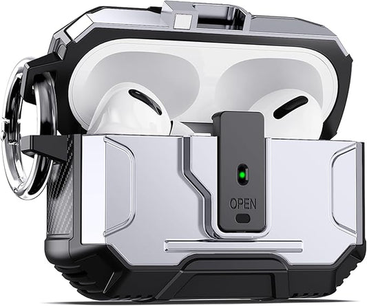 DASFOND Armor Earphone Cover Case for Airpods Pro 2, Military Grade Full Body Shockproof Protection Hard Case, Support Wireless Charging with Keychain, Magnetic Lid, Front LED Visible, Silver