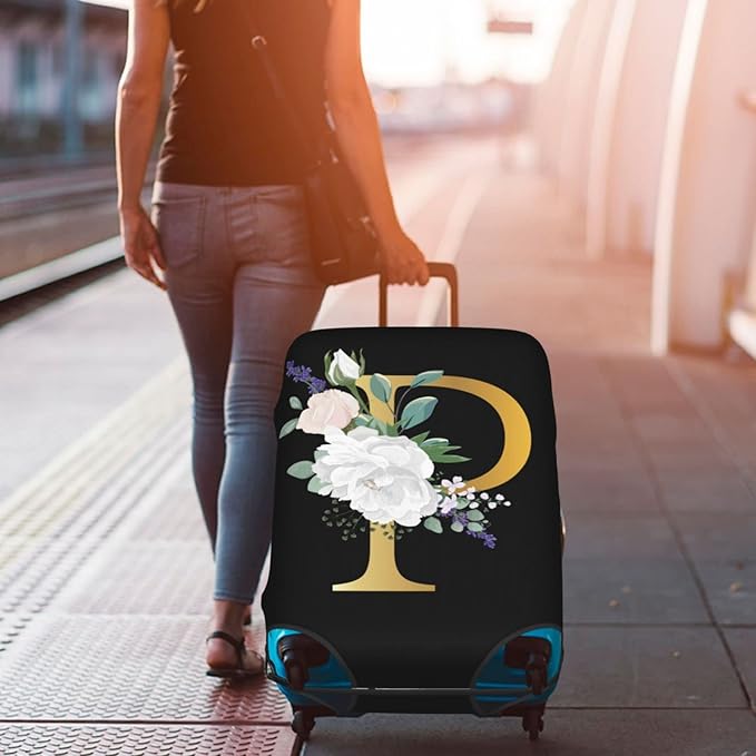 Flower Letter P Black Luggage Cover Elastic Washable Stretch Suitcase Protector Anti-Scratch Travel Suitcase Cover for Kid and Adult L (25-28 inch suitcase)