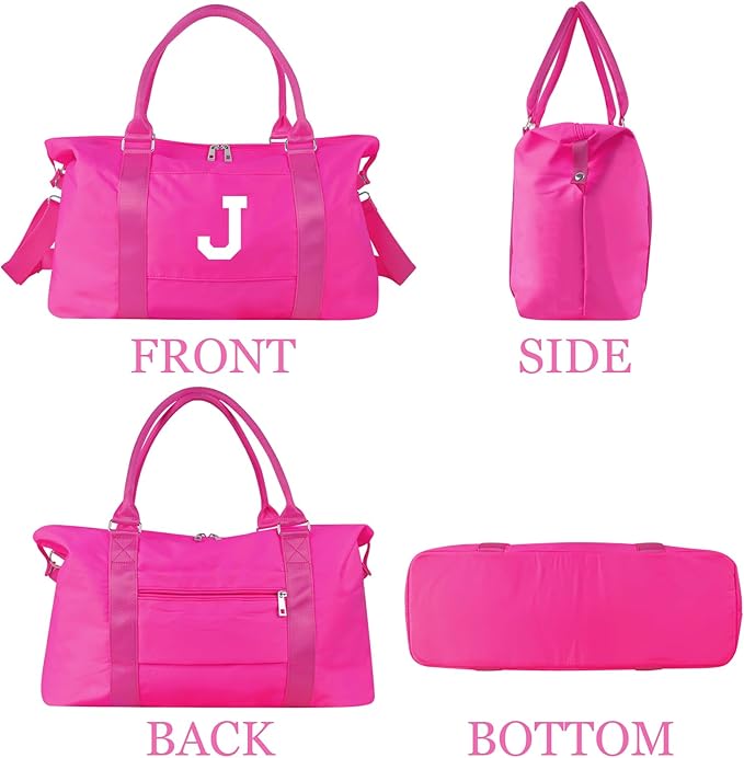 Overnight Bag for Kids Teen Girls Weekender Dance Bag Birthday Graduation Gifts,Initial Travel Duffel Bag Sports Gym Bag Personalized Weekender Bag Carry On Bags Preppy Gifts for Women(Hot Pink, J)