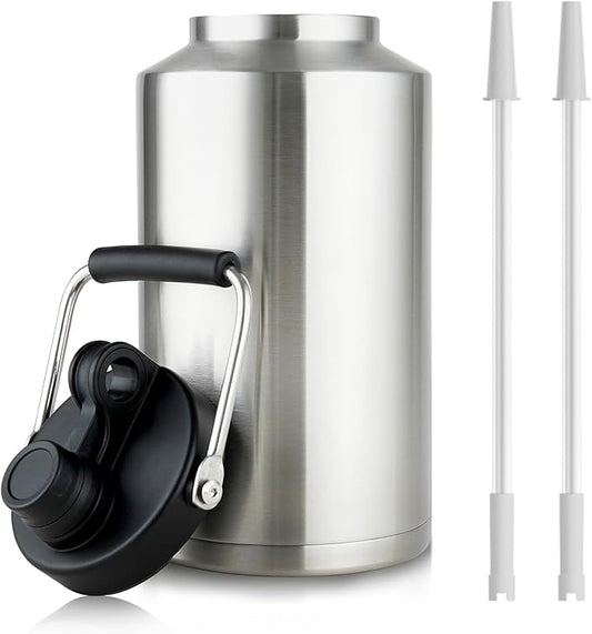 1 Gallon Water Jug Bottle Insulated with Straw, 128oz Stainless Steel Water Bottle Jug Wide Mouth Double Vacuum Dishwasher Safe BPA Free for Hot & Cold Drinks Stainless Steels