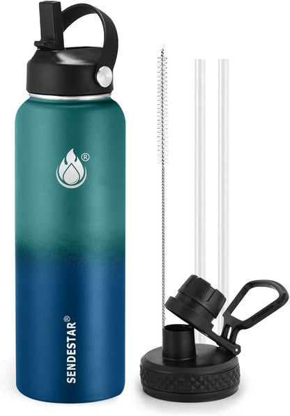 Insulated Water Bottle 32 oz with Straw, Stainless Steel Wide Mouth Water Bottle, Double Wall Vacuum Leak Proof with Straw Lid & Spout Lid for Sports or Office, Keep Cold or Hot Up to 24 Hrs