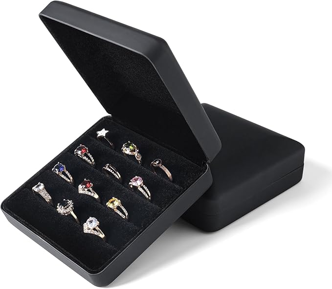 Small Ring Organizer Box, Portable Jewelry Rings Display Collector Case, Jewelry Ring Tray holder Showcase. Modern Rings Storage Boxes Fit for Women, Girl for Travel (Black)