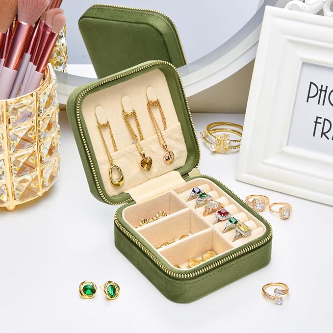 TAIMY Travel Jewelry Case, Small Plush Velvet Jewelry Box for Women and Girls, Portable Jewelry holder organizer for Rings Earrings Necklaces Bracelets(Avocado Green)