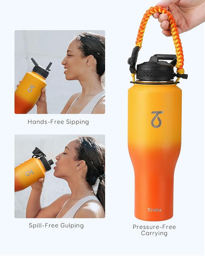 Trebo 40oz Insulated Water Bottle that Fits in Cup Holder, Stainless Steel Bottles Tumbler Double Wall Metal with Straw Spout Lids,Travel Flask with Paracord Handle, Sweat Proof Keep Cold &Hot,Orange