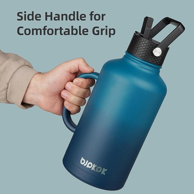 BJPKPK Half Gallon Insulated Water Bottles with Straw Lid & Side Handle, 50oz, 64oz, 87oz, 128oz Large, Stainless Steel Water Bottles with 3 Lids and Paracord Strap, Metal Water Jug,Marshmallow