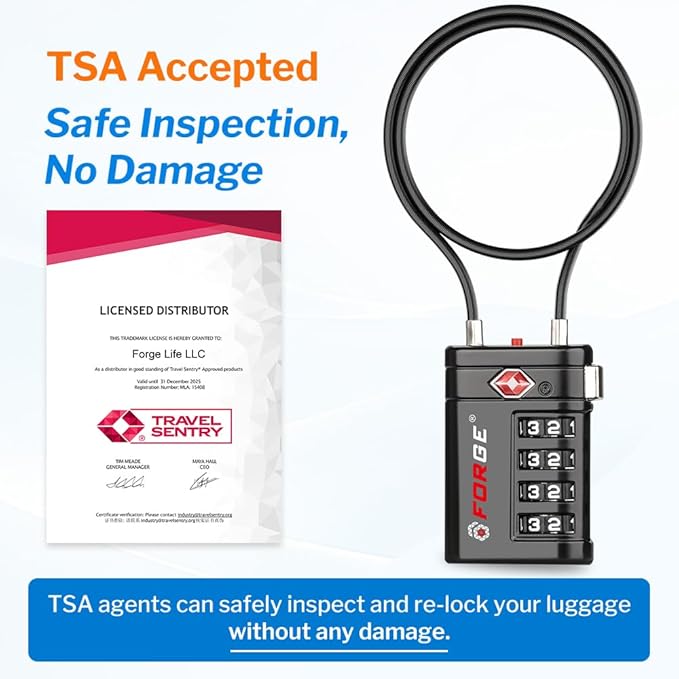 Forge TSA Approved Luggage Locks 4 Digit Combination TSA Travel Locks with TSA008, Open Alert Indicator, Zinc Alloy Body for Luggage, Suitcase, Backpack, and More. 2 15'' Cable Locks.