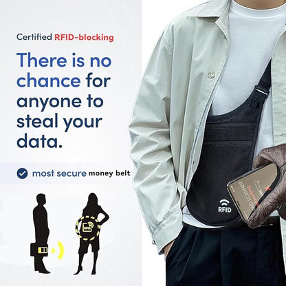 Crossbody Money Belt for Travel Women & Men Hidden, Travel Wallet Pouch - Slim Passport Holde, RFID Blocking Neck Wallet Under Clothes to Protect Cash, Credit Cards and Documents (BLACK)