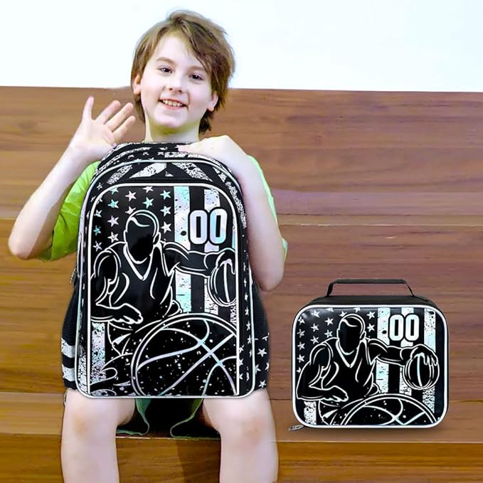 WZLVO 3PCS Basketball Backpack for Boys, 17" Cool UV Printing Kids Bookbag/School Bag with Lunch Box & Pencil Bag for Elementary to Middle - Star-Spangled Basketball
