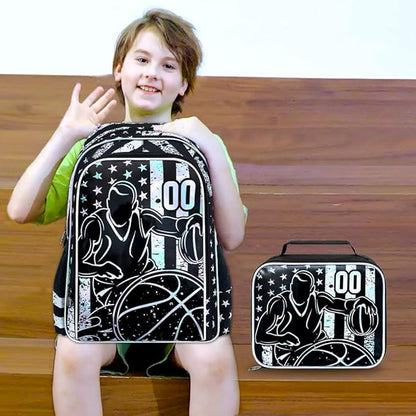 WZLVO 3PCS Basketball Backpack for Boys, 17" Cool UV Printing Kids Bookbag/School Bag with Lunch Box & Pencil Bag for Elementary to Middle - Star-Spangled Basketball