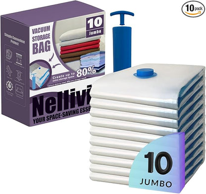 10 XL Jumbo Vacuum Storage Bags with Pump, Extra Large Compression Space Saver for Comforter, Duvet, Bedding, Blanket Storage, Vacuum Seal Bags for Clothing, Luggage Closet Organizer