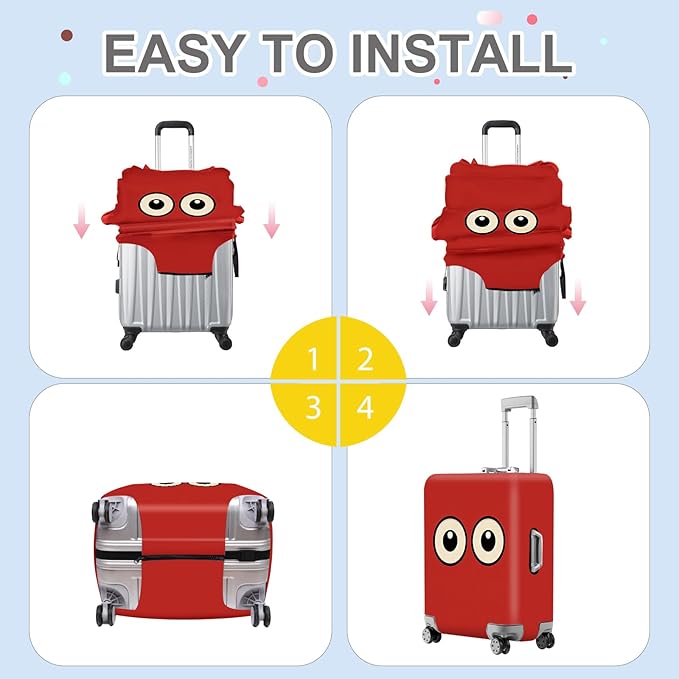 ANNA QUEEN Funny Cartoon Eyes Luggage Cover, Red Suitcase Protector with Cute Big Eyes Design, Travel Suitcase Cover for 24-26 Inch Luggage, Stretchable & Washable Spandex Travel Accessories