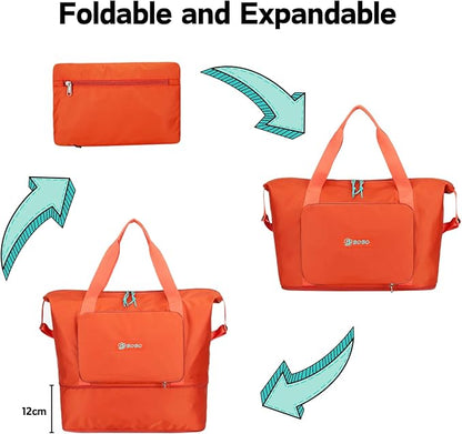 Expandable Travel Duffle Bag for Women Men, Lightweight Foldable Travel Tote Bags Gym Bag, Large Waterproof Carry On Weekender Overnight Bag with Wet Pocket for Workout, Fitness, Shopping Orange