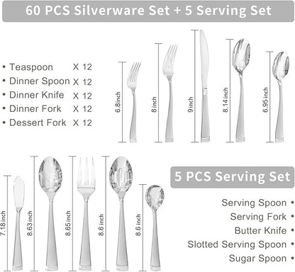 KINGSTONE Silverware Set, 65-Piece Flatware Set for 12, 18/10 Stainless Steel Cutlery Set with Bead Edge, Utensil for Kitchen, Home, Party, Wedding, Mirror Polished, Dishwasher Safe, Featured Gifts